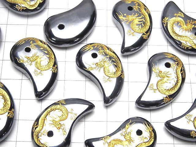Gold! [Dragon, Four Divine Beasts] Carved! Terahertz Comma Shaped Bead 32x20mm 1pc