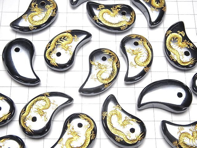 Gold! [Dragon, Four Divine Beasts] Carved! Terahertz Comma Shaped Bead 32x20mm 1pc