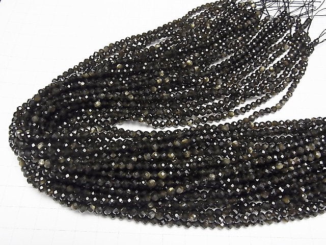 1strand $5.79! High Quality! Golden Sheen Obsidian AAA 32 Faceted Round 4 mm 1strand beads (aprx.15 inch / 38 cm)