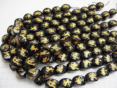 Four Divine Beasts Carving! Onyx Twist Faceted Rice 20 x 15 x 15 1/4 or 1 strand beads (aprx.15 inch / 36 cm)