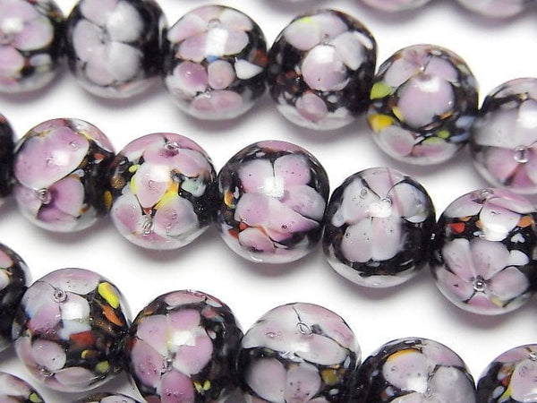 [Video] Lampwork Beads Round 10mm [Pink x Flower] 1/4 or 1strand beads (aprx.14inch/34cm)