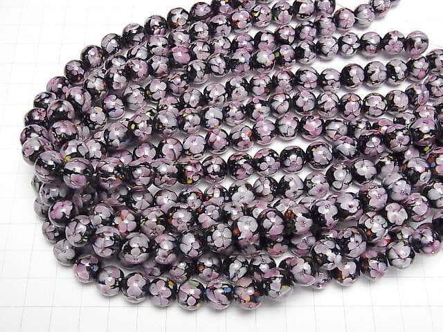 [Video] Lampwork Beads Round 10mm [Pink x Flower] 1/4 or 1strand beads (aprx.14inch/34cm)