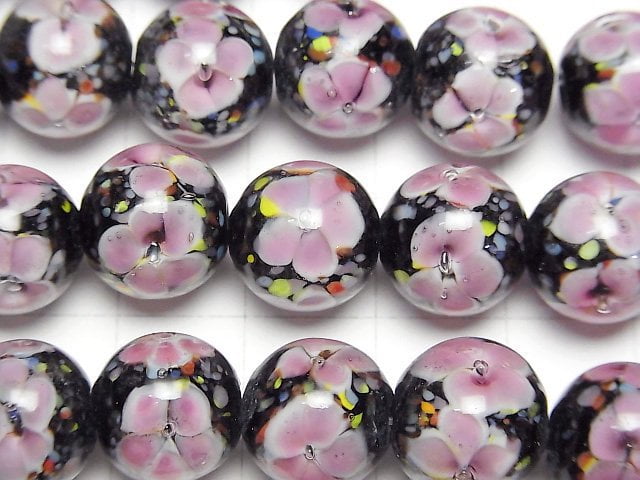 [Video] Lampwork Beads Round 12mm [Pink x Flower] 1/4 or 1strand beads (aprx.13inch/32cm)