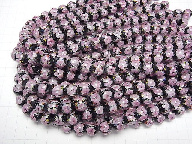 [Video] Lampwork Beads Round 12mm [Pink x Flower] 1/4 or 1strand beads (aprx.13inch/32cm)