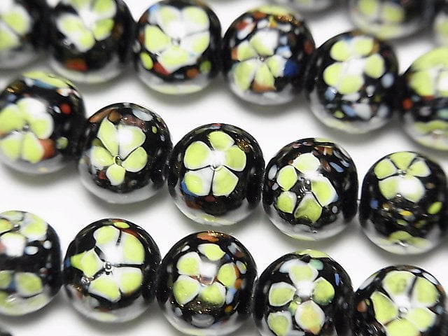 [Video] Lampwork Beads Round 10mm [Yellow x Flower] 1/4 or 1strand beads (aprx.15inch/36cm)