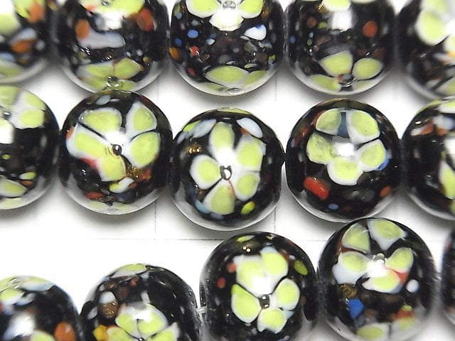 [Video] Lampwork Beads Round 10mm [Yellow x Flower] 1/4 or 1strand beads (aprx.15inch/36cm)