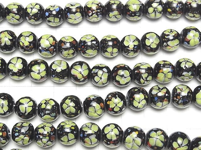 [Video] Lampwork Beads Round 10mm [Yellow x Flower] 1/4 or 1strand beads (aprx.15inch/36cm)