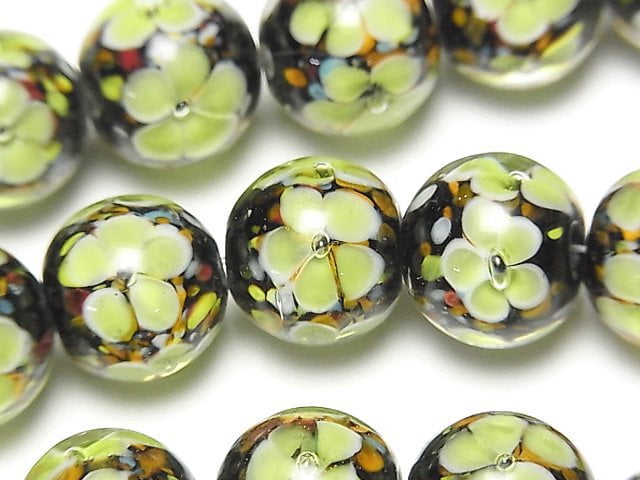 [Video] Lampwork Beads Round 12mm [Yellow x Flower] 1/4 or 1strand beads (aprx.13inch/32cm)