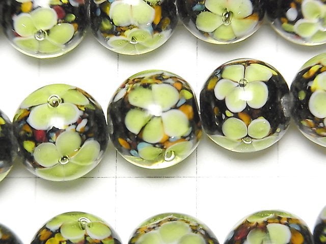 [Video] Lampwork Beads Round 12mm [Yellow x Flower] 1/4 or 1strand beads (aprx.13inch/32cm)