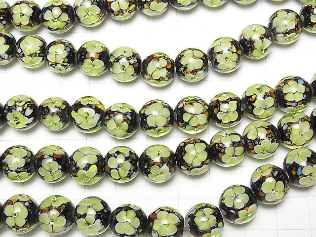 [Video] Lampwork Beads Round 12mm [Yellow x Flower] 1/4 or 1strand beads (aprx.13inch/32cm)