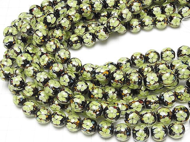 [Video] Lampwork Beads Round 12mm [Yellow x Flower] 1/4 or 1strand beads (aprx.13inch/32cm)