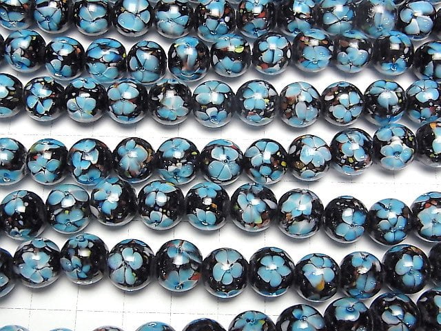 [Video] Lampwork Beads Round 10mm [Blue x Flower] 1/4 or 1strand beads (aprx.15inch/36cm)
