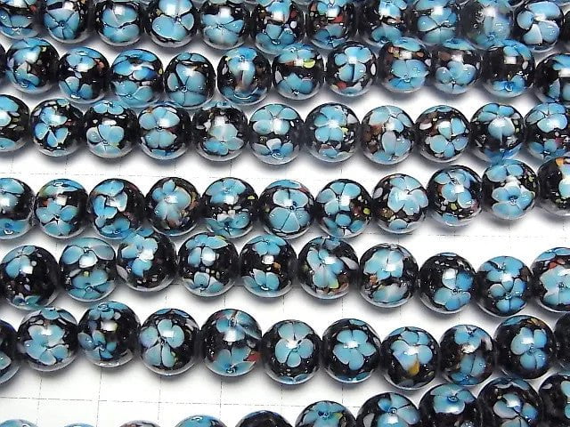 [Video]Lampwork Beads Round 10mm [Blue x Flower] 1/4 or 1strand beads (aprx.15inch/36cm)