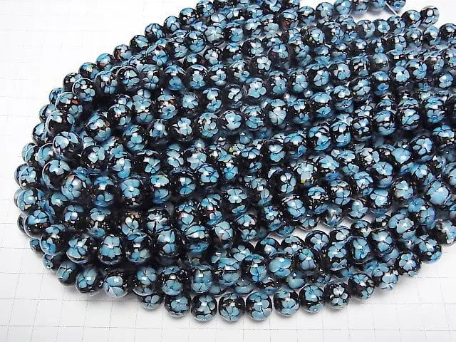 [Video]Lampwork Beads Round 10mm [Blue x Flower] 1/4 or 1strand beads (aprx.15inch/36cm)