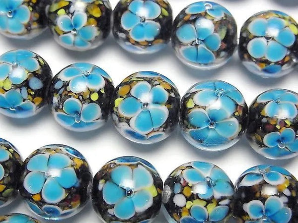 [Video]Lampwork Beads Round 12mm [Blue x Flower] 1/4 or 1strand beads (aprx.13inch/32cm)