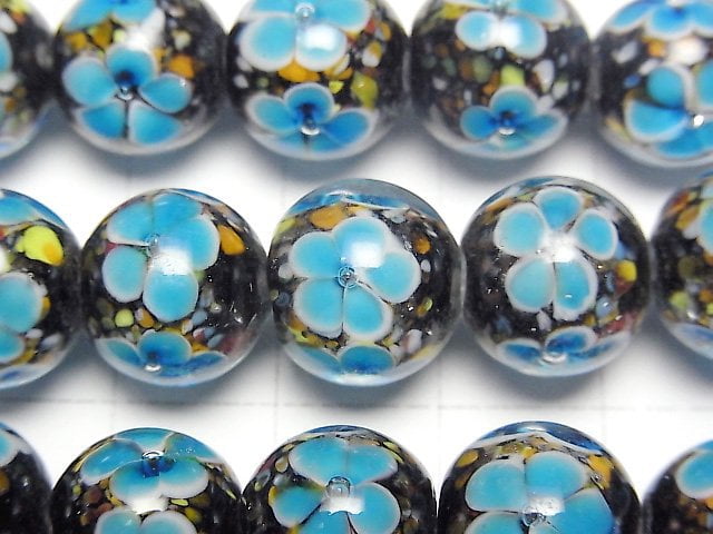 [Video] Lampwork Beads Round 12mm [Blue x Flower] 1/4 or 1strand beads (aprx.13inch/32cm)