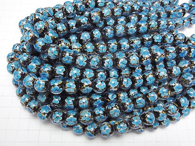 [Video] Lampwork Beads Round 12mm [Blue x Flower] 1/4 or 1strand beads (aprx.13inch/32cm)