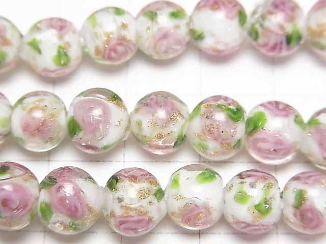 [Video] Lampwork Beads Round 8mm Rose Pattern [White] half or 1strand beads (aprx.11inch/28cm)