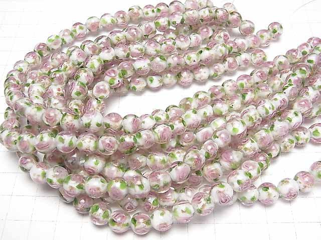 [Video]Lampwork Beads Round 8mm Rose Pattern [White] 1strand beads (aprx.11inch/28cm)