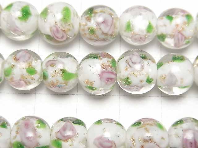 [Video] Lampwork Beads Round 10mm with rose pattern [white] 1strand beads (aprx.14inch/34cm)