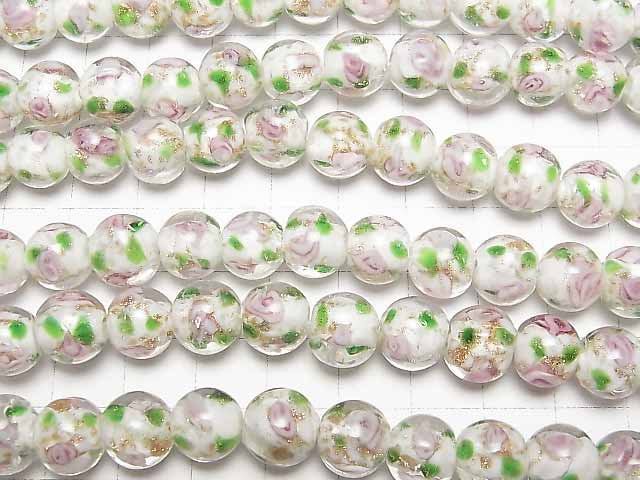 [Video] Lampwork Beads Round 10mm with rose pattern [white] 1strand beads (aprx.14inch/34cm)