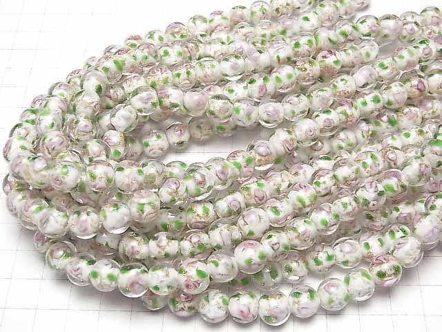 [Video] Lampwork Beads Round 10mm with rose pattern [white] 1strand beads (aprx.14inch/34cm)