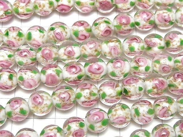 [Video] Lampwork Beads Round 12mm Rose Pattern [White] half or 1strand beads (aprx.14inch/34cm)