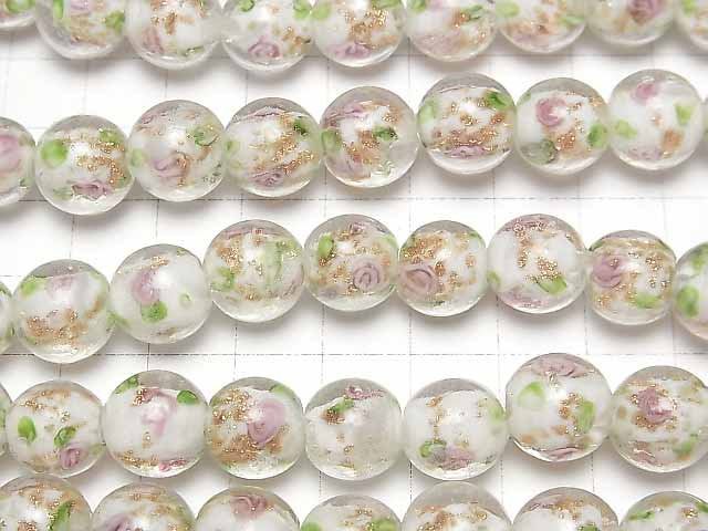 [Video] Lampwork Beads Round 12mm Rose pattern [White] 1strand beads (aprx.13inch/33cm)