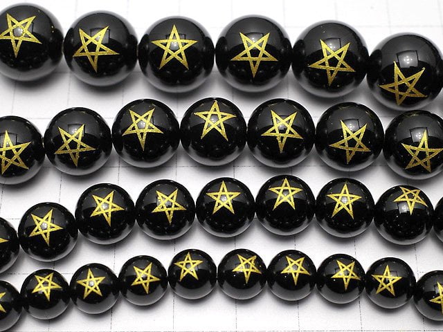 Gold! Pentagram Carving! Onyx Round 8mm, 10mm, 12mm, 14mm half or 1strand beads (aprx.15inch / 36cm)