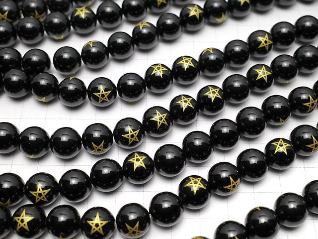 Gold! Pentagram Carving! Onyx Round 8mm, 10mm, 12mm, 14mm half or 1strand beads (aprx.15inch / 36cm)