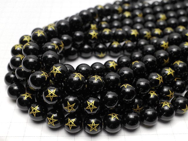 Gold! Pentagram Carving! Onyx Round 8mm, 10mm, 12mm, 14mm half or 1strand beads (aprx.15inch / 36cm)