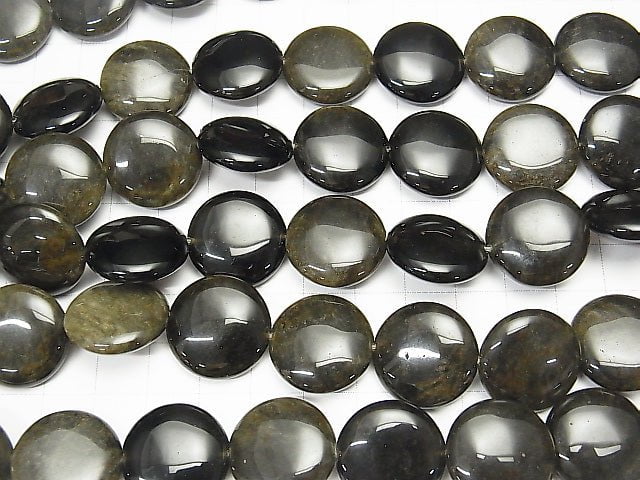 Golden Sheen Obsidian Coin 20 x 20 x 7 mm half or 1 strand beads (aprx.15 inch / 38 cm)