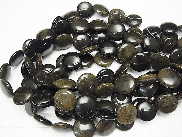 Golden Sheen Obsidian Coin 20 x 20 x 7 mm half or 1 strand beads (aprx.15 inch / 38 cm)