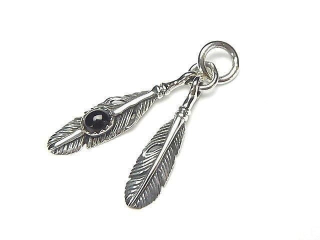 Silver 925 Double Feather Charm with Onyx (1pc)