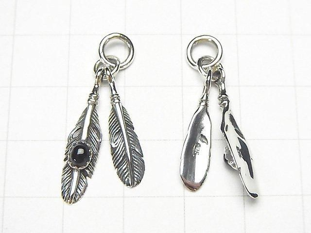 Silver 925 Double Feather Charm with Onyx (1pc)