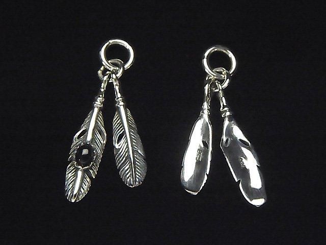 Silver 925 Double Feather Charm with Onyx (1pc)