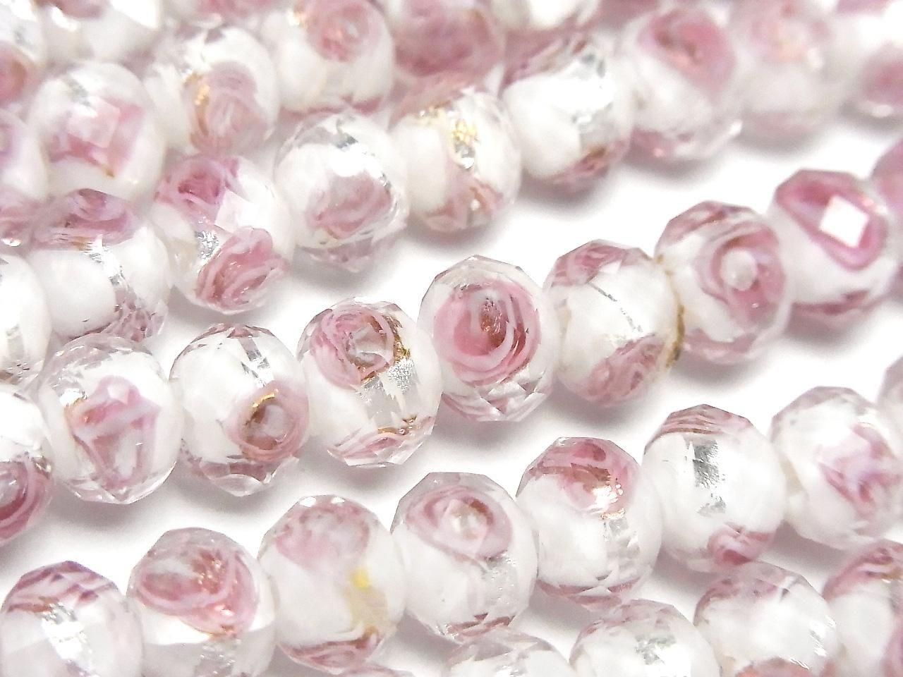 Perles à la flamme à facettes, forme bouton, rondelle 8x8x6mm avec motif rose [blanc x argent], une demi ou une entière rangée de perles (environ 28cm / 11 pouces)