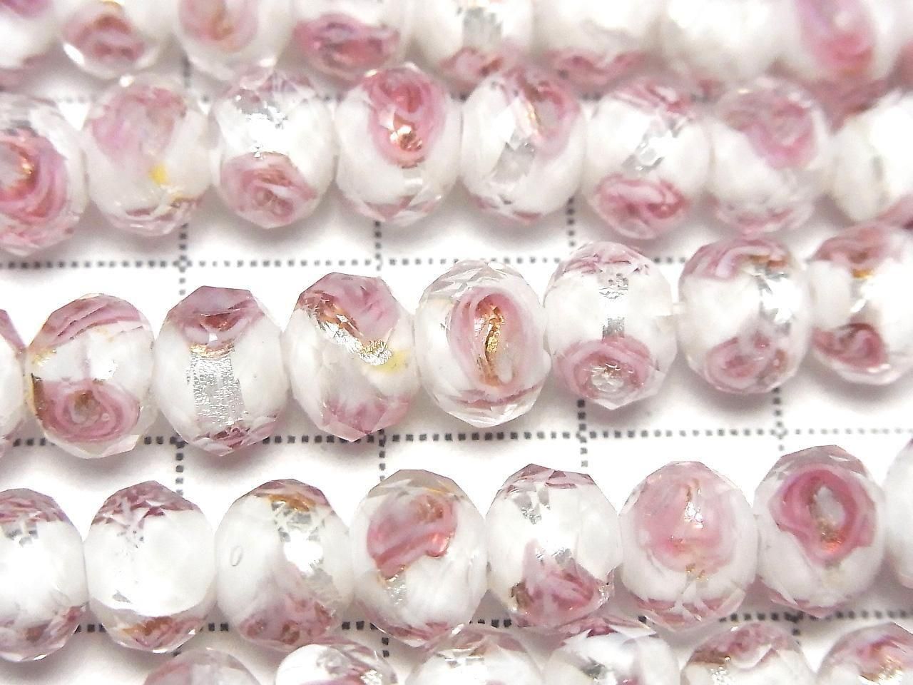 Perles à la flamme à facettes, forme bouton, rondelle 8x8x6mm avec motif rose [blanc x argent], une demi ou une entière rangée de perles (environ 28cm / 11 pouces)