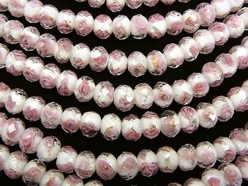 Lampwork Beads Faceted Button Rondelle 8x8x6mm with rose pattern [white x silver] half or 1strand beads (aprx.11inch / 28cm)