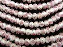 Lampwork Beads Faceted Button Rondelle 8x8x6mm with rose pattern [white x silver] half or 1strand beads (aprx.11inch / 28cm)