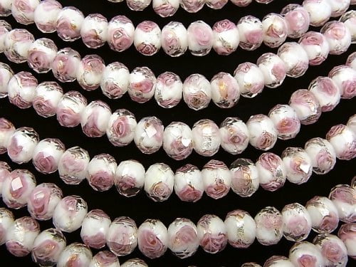 Lampwork Beads Faceted Button Roundel 8x8x6mm with rose pattern [white x silver] half or 1strand beads (aprx.11inch / 28cm)