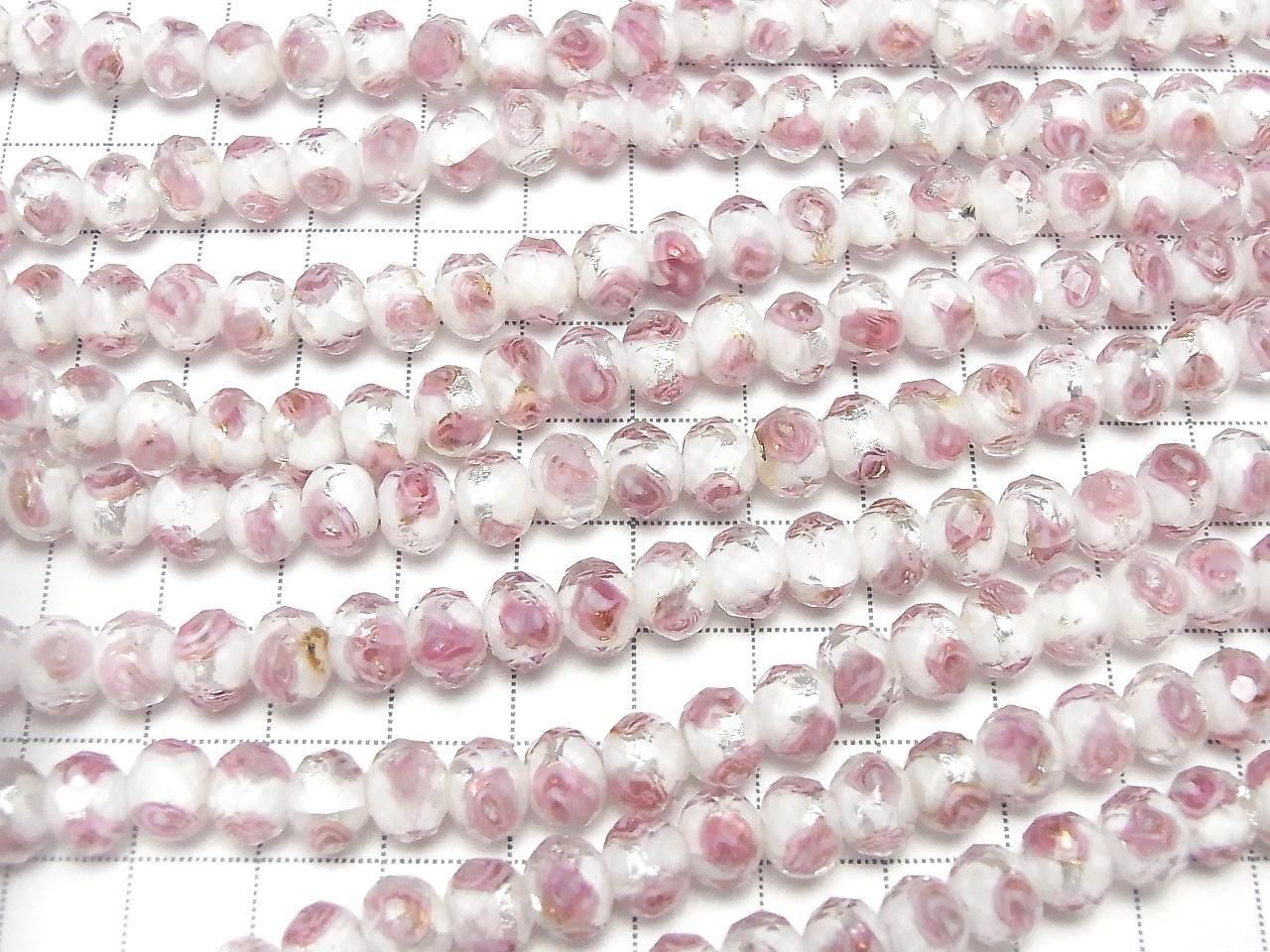 Perles à la flamme à facettes, forme bouton, rondelle 8x8x6mm avec motif rose [blanc x argent], une demi ou une entière rangée de perles (environ 28cm / 11 pouces)
