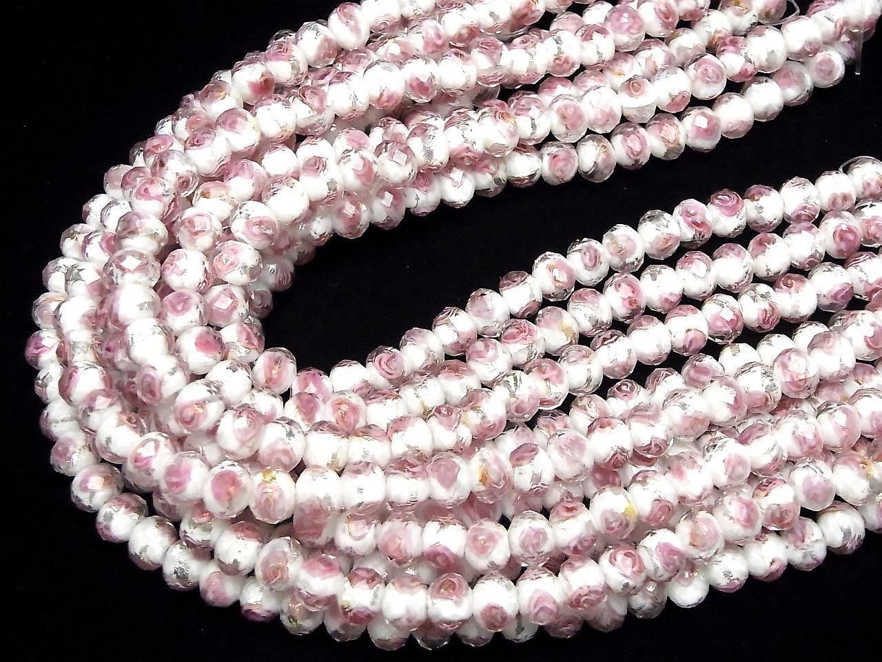 Perles à la flamme à facettes, forme bouton, rondelle 8x8x6mm avec motif rose [blanc x argent], une demi ou une entière rangée de perles (environ 28cm / 11 pouces)