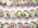 Lampwork Beads Faceted Button Rondelle 8x8x6mm with rose pattern [white] half or 1strand beads (aprx.11inch / 28cm)