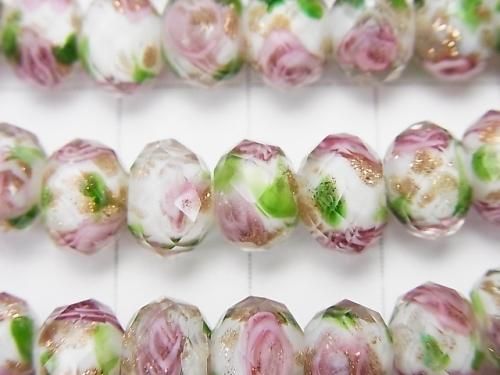 Perles filées au chalumeau à facettes bouton rondelle 8x8x6mm avec motif rose [blanc] demi ou 1 fil (env. 28cm)