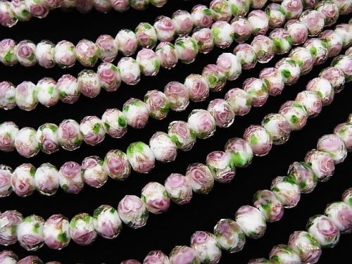 Lampwork Beads Faceted Button Roundel 8x8x6mm with rose pattern [white] half or 1strand beads (aprx.11inch / 28cm)