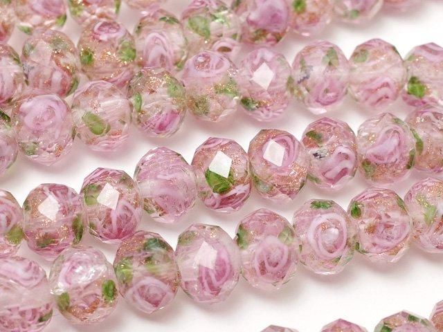 Perles à facettes Lampwork Bouton Rondelle 8x8x6mm motif rose [rose] demi ou 1 brin de perles (env. 27cm)