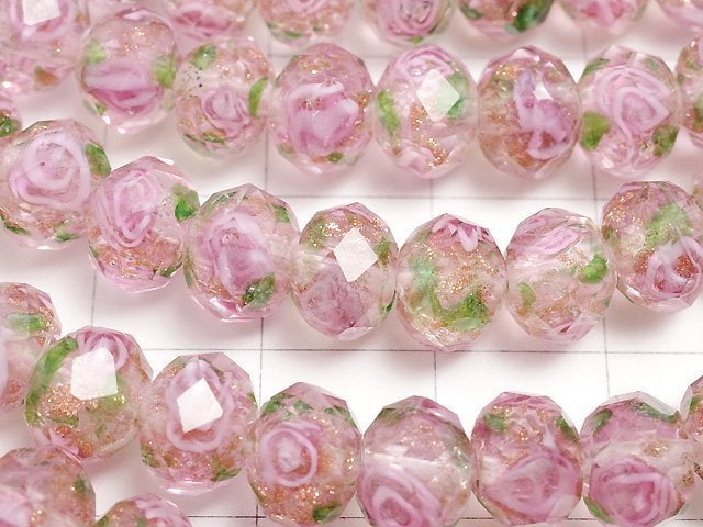 [Video] Lampwork Beads Faceted Button Roundel 8x8x6mm with rose pattern [pink] half or 1strand beads (aprx.11inch / 27cm)