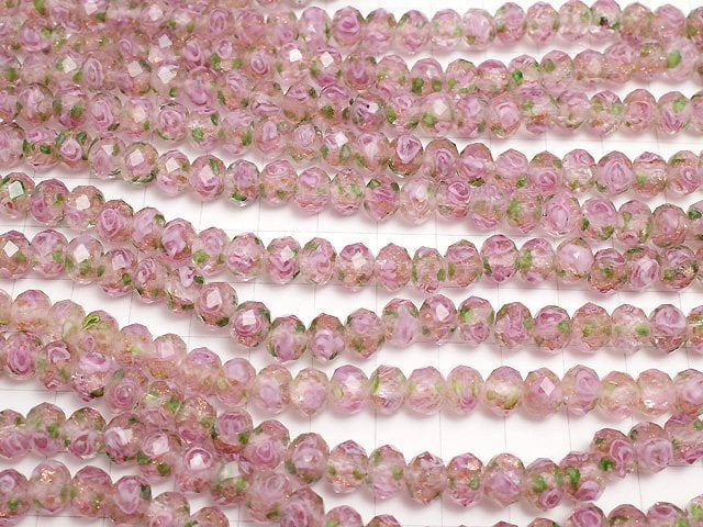 [Video] Lampwork Beads Faceted Button Roundel 8x8x6mm with rose pattern [pink] half or 1strand beads (aprx.11inch / 27cm)