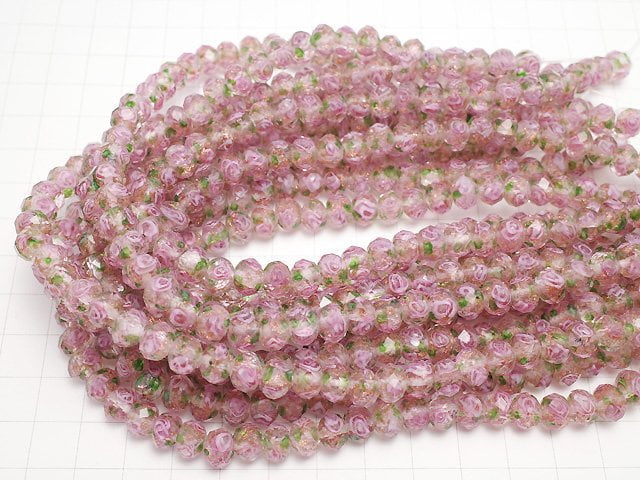 [Video] Lampwork Beads Faceted Button Rondelle 8x8x6mm with rose pattern [pink] half or 1strand beads (aprx.11inch / 27cm)